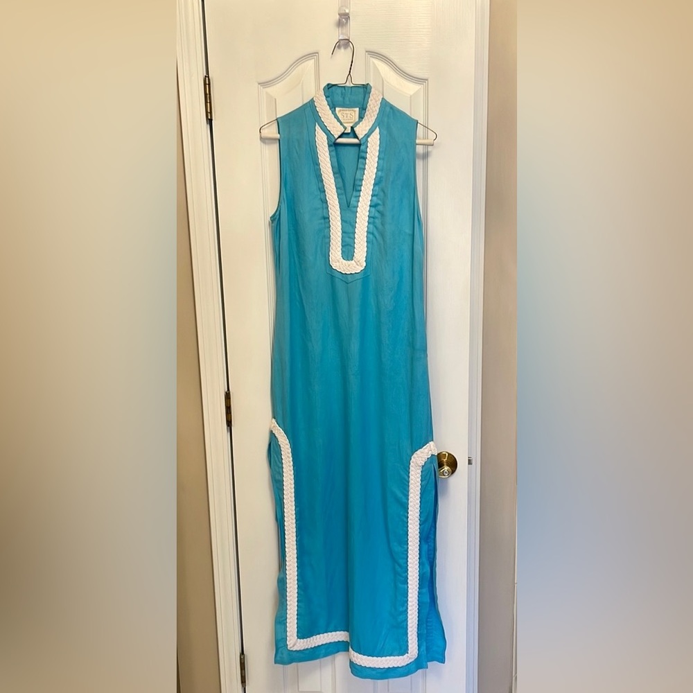 Sail to Sable Turquoise Sleeveless Midi Dress with White Trim